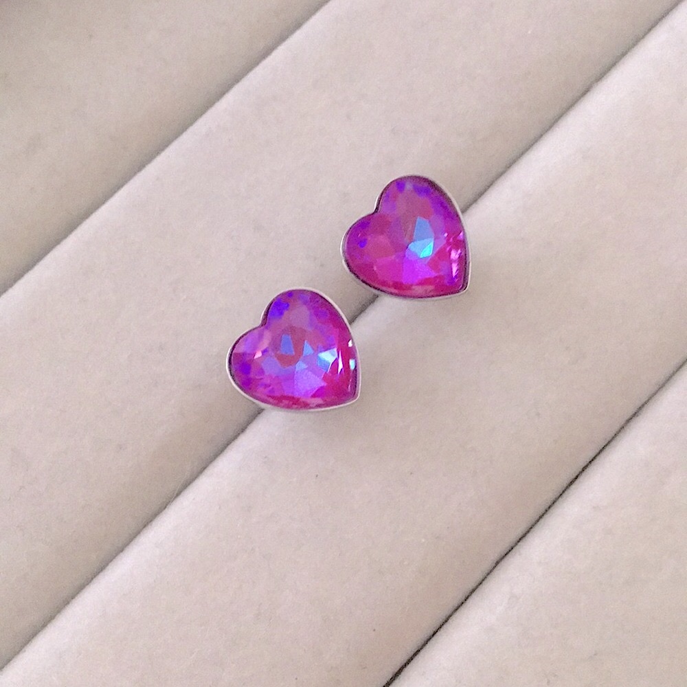 Hot Pink Aurora Borealis Crystal Heart Earrings - Picture 4 of 7